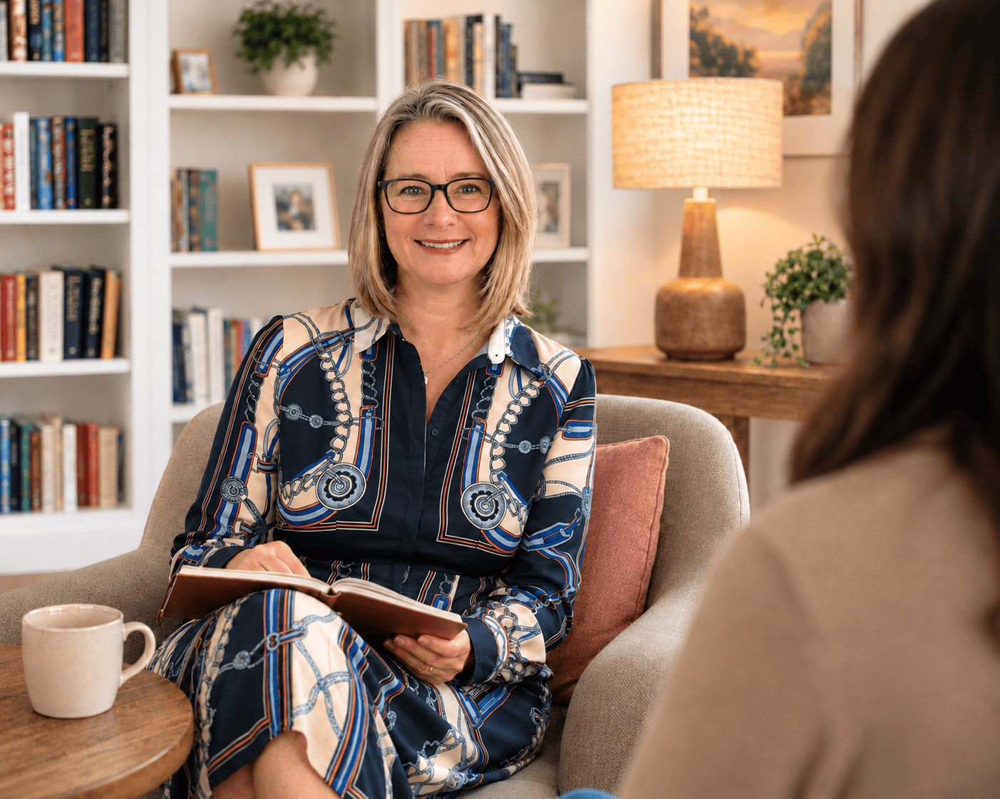 Monique Roberts seated in an armchair with an open notebook, in conversation with a client