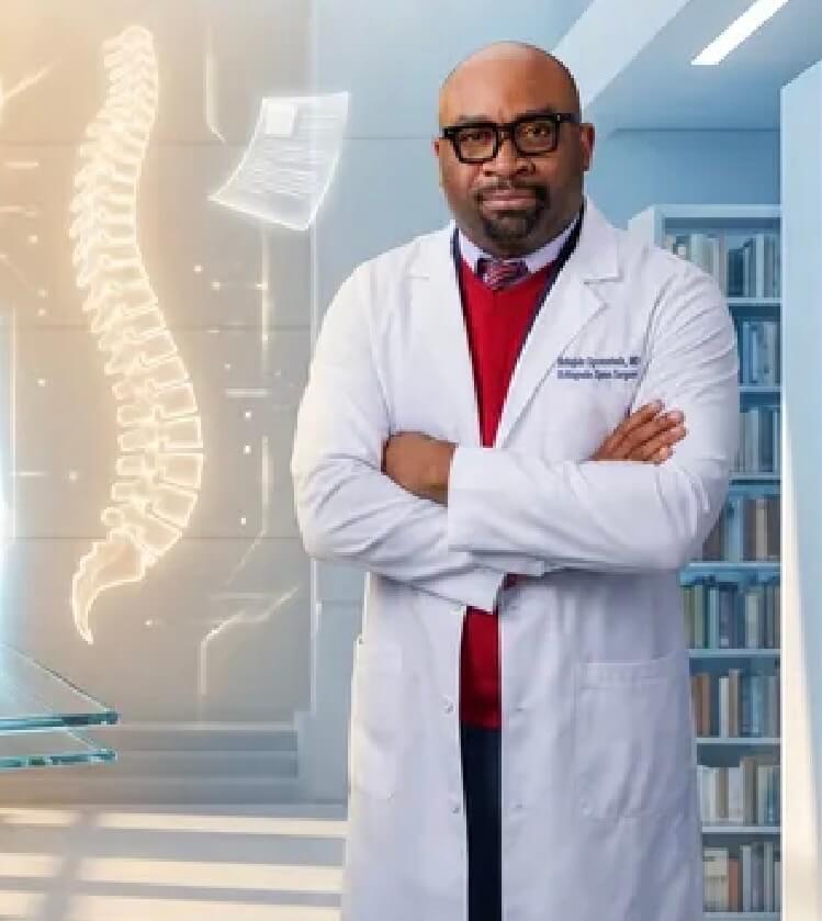 Babajide Ogunseinde in a white coat with arms crossed in front of a lit spine illustration