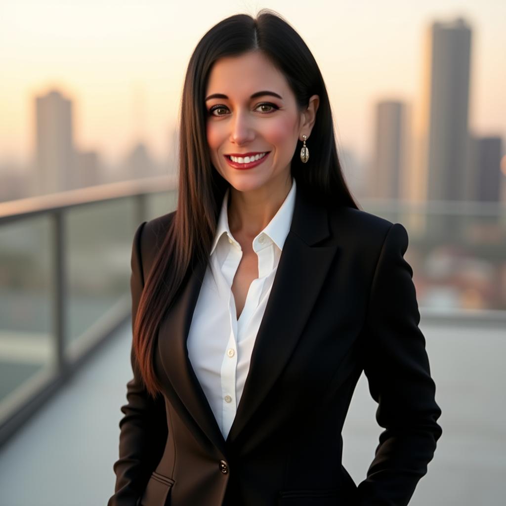 Shari Belitz in a black jacket and pearl earrings, arms folded, in a warmly lit room