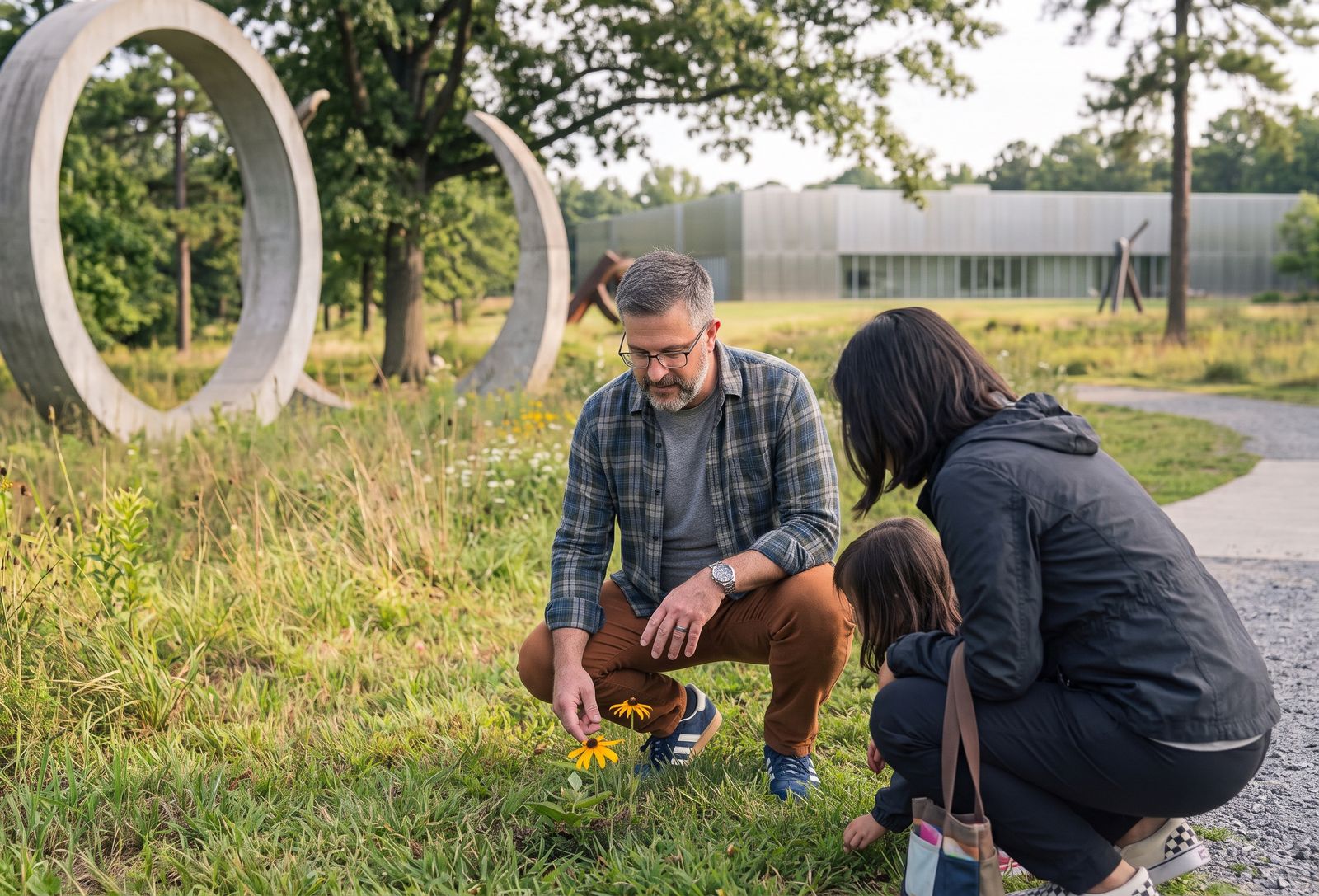 Corey Babel crouching in a meadow beside a woman and a child, looking at a wildflower, with large concrete ring sculptures behind them