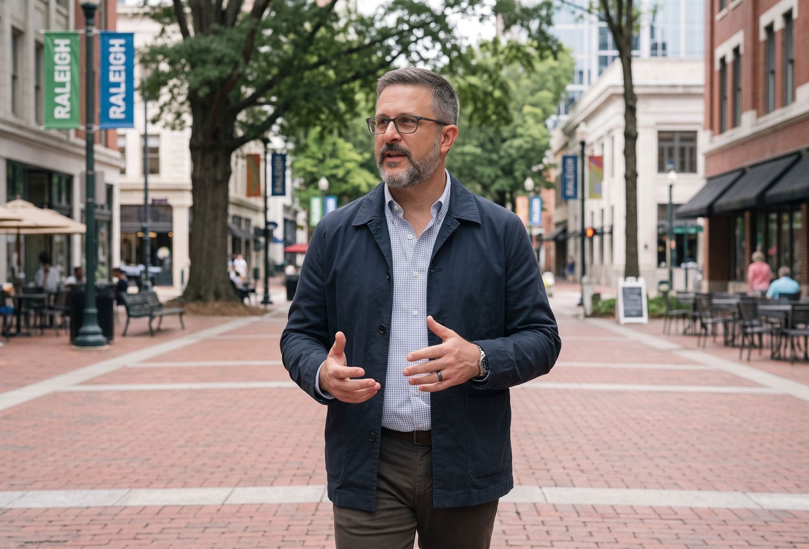 Corey Babel gesturing as he talks on a brick pedestrian street in Raleigh, North Carolina, under Raleigh banners