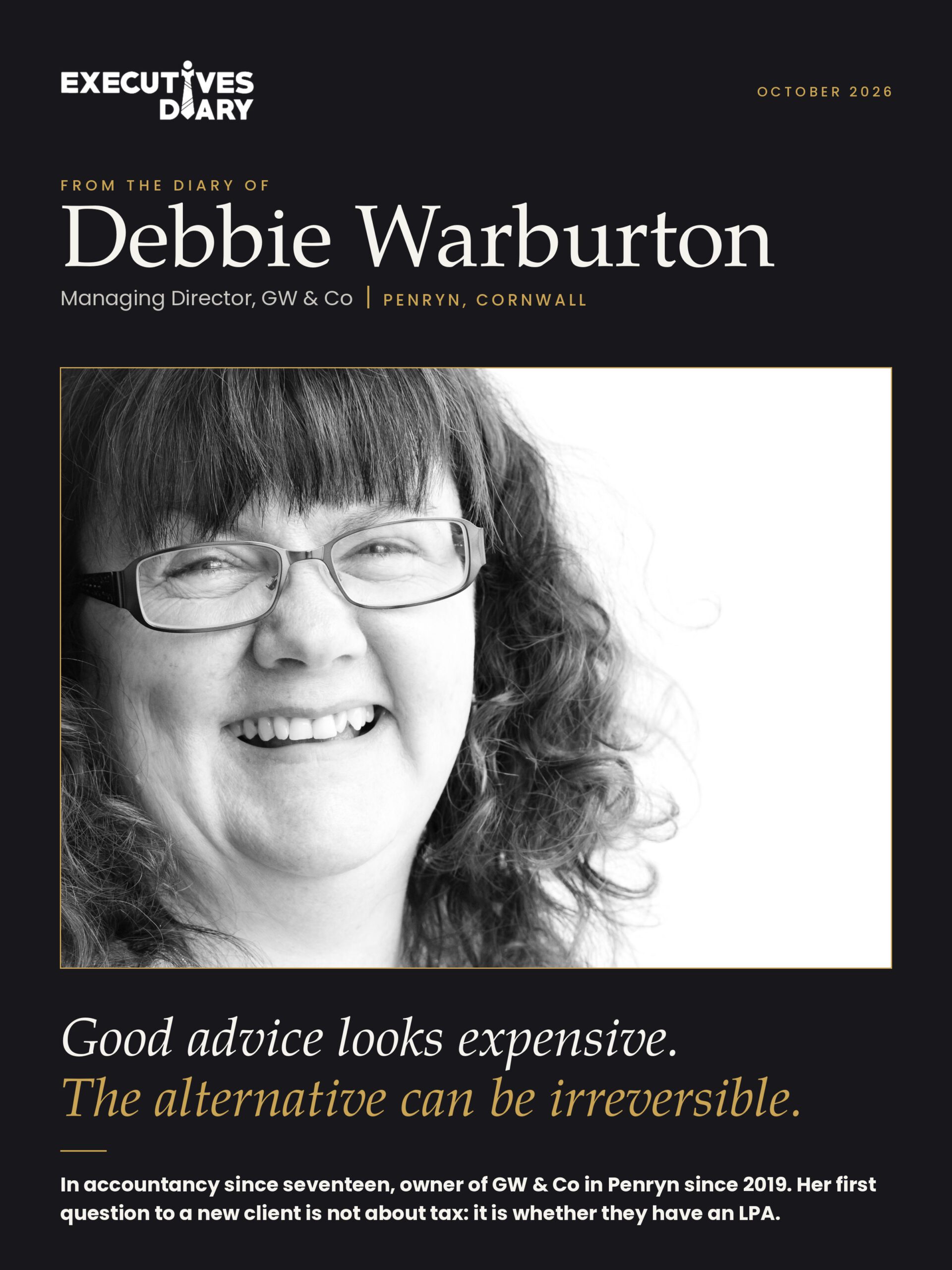Debbie Warburton on the cover of Executives Diary