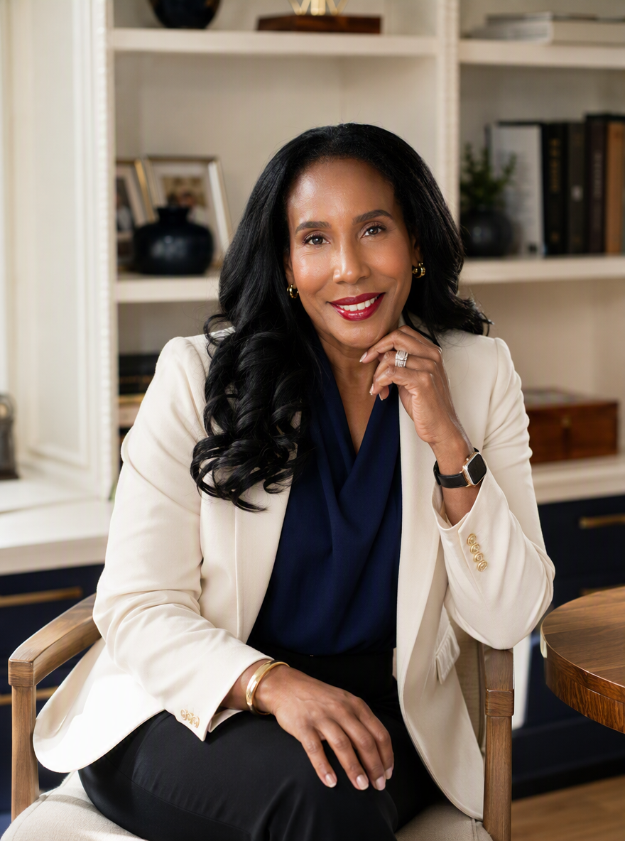 Eva Aimable-Kolosko seated in a cream blazer in front of bookshelves