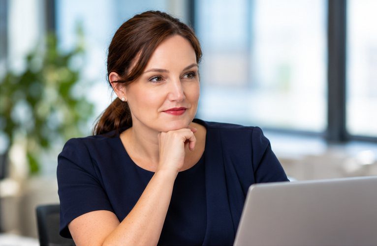 Monica Tomasso at her laptop in an office