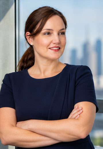 Monica Tomasso at an office window with a city skyline behind her
