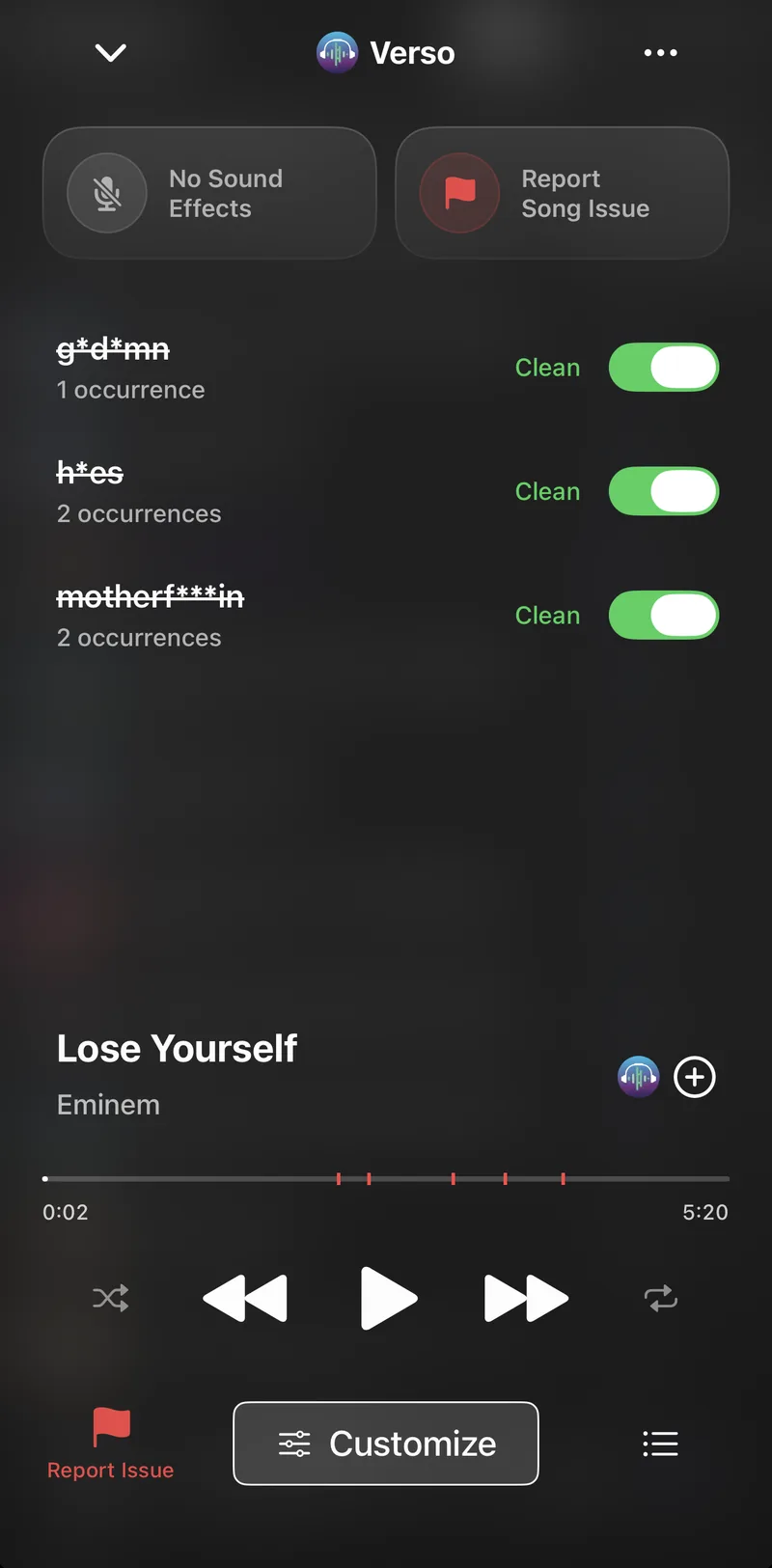 Verso app screen with Clean toggles for the explicit words in a song