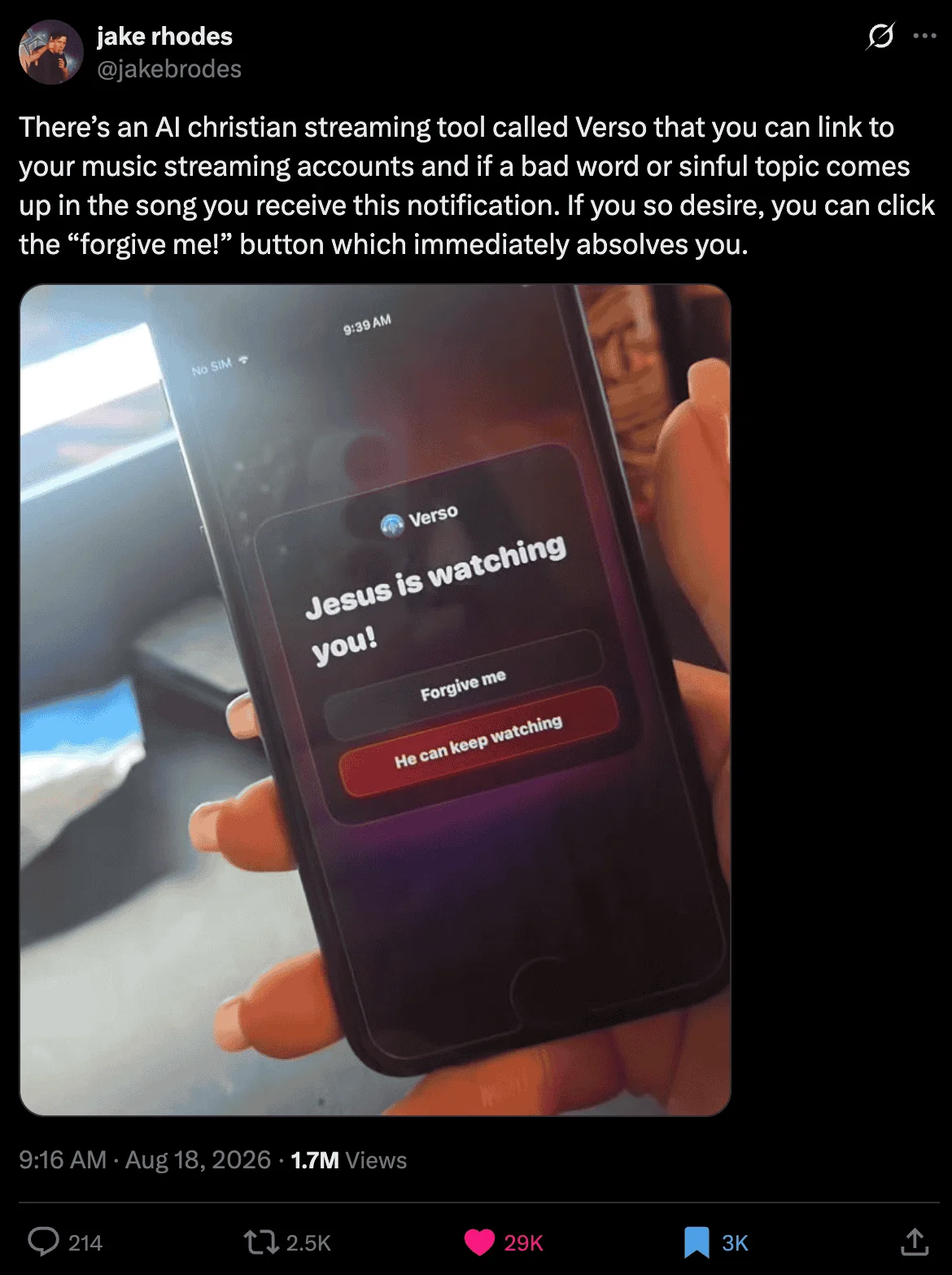 Post on X by @jakebrodes showing a phone with the Verso notification Jesus is watching you