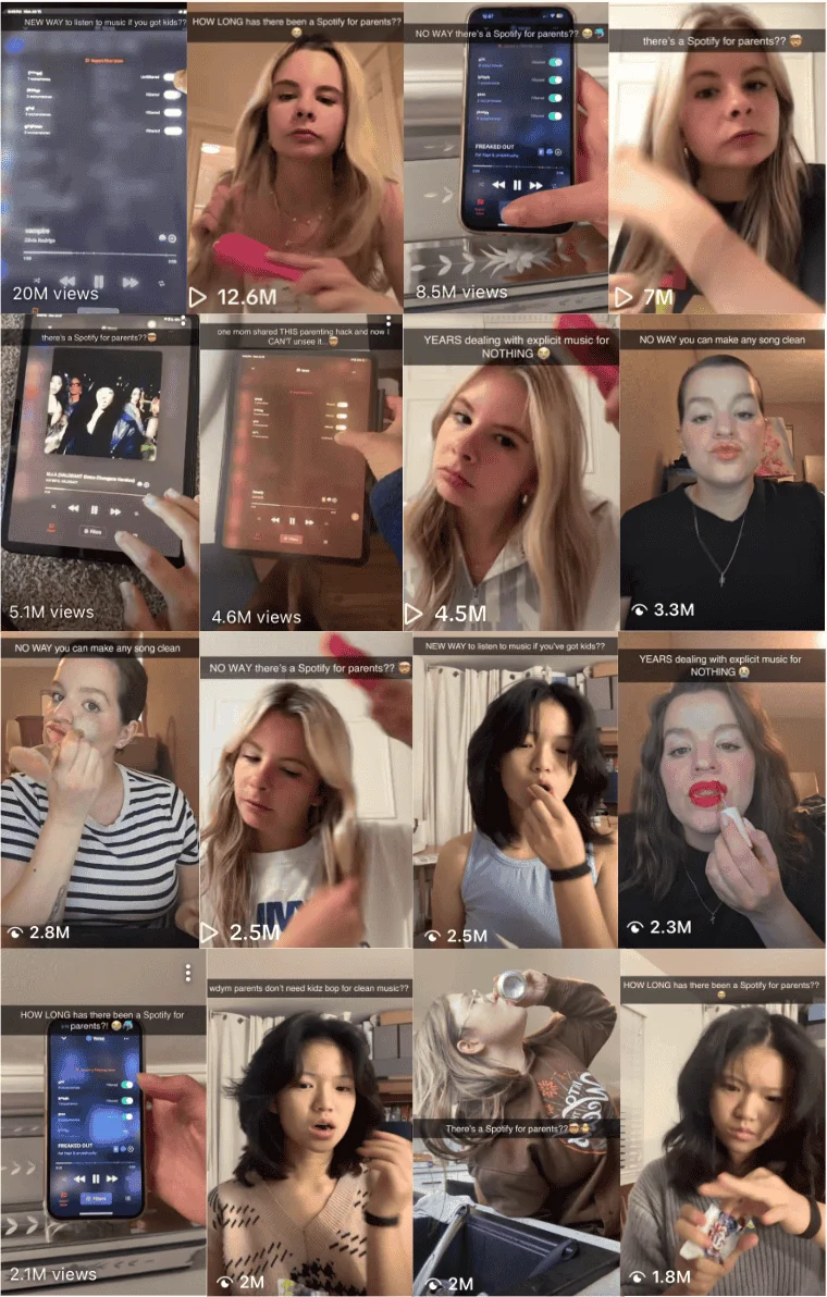 Grid of Verso videos filmed by parents on their phones, each with its view count