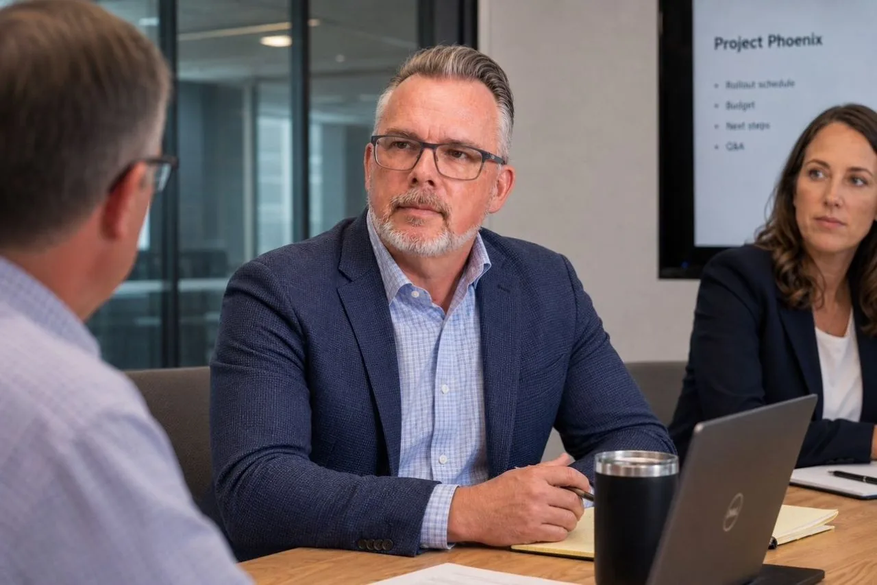 Volker Jaeckel listening during a business meeting with colleagues